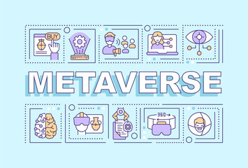 Metaverse word concepts blue banner. Virtual reality technology. Infographics with editable icons on color background. Isolated typography. Vector illustration with text. Arial-Black font used
