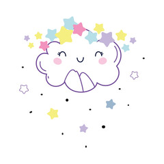 Cute Fluffy Cloud with Smiling Face and Stars Around Vector Illustration
