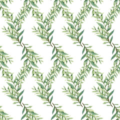 Watercolor greenery seamless pattern, floral texture on white background