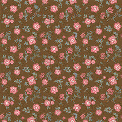 Fototapeta na wymiar Seamless vintage pattern on brown background. Small red flowers with green leaves. Vector texture. Bright fashionable print for textiles and wallpaper.