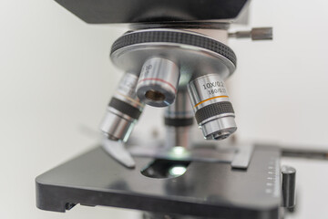 Fototapeta na wymiar Laboratory microscope lenses to analyze objects