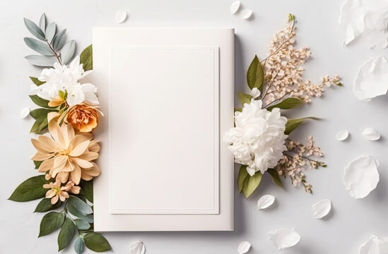 Beautiful Luxury Wedding Stationery Flatlay With Floral Decor, Blank Paper Invitation, Letter Or Gift Card And Blooming Flowers, Empty Copyspace For Mockup, Generative AI.