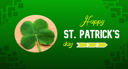 Green card with lucky four-leaf clover in a circle and text 'Happy St. Patrick's day'. National Day...