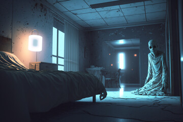 Scary ghost in haunted hotel room. Generative ai. - obrazy, fototapety, plakaty