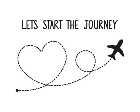 Decorative slogan and plane flying on heart shaped dotted route, vector design, fashion, card, poster and sticker print