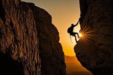 Man climbs up mountain, climber on rock wall at sunset. Generative ai.