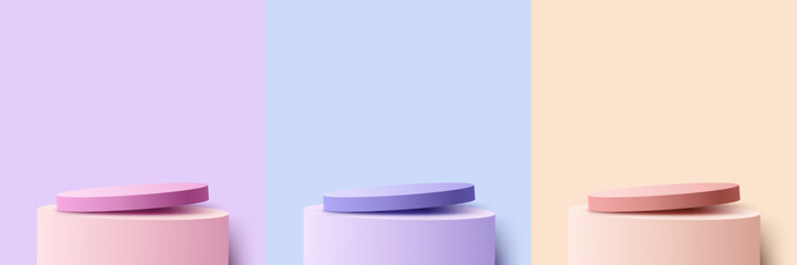 Set of 3D realistic pink, blue, yellow podium pedestal stand