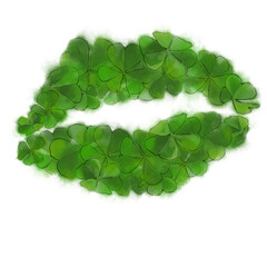Lips Shape in Green Shamrock Foliage. St. Patrick's Day Symbol in Watercolor Textures for Print, Design, and Decoration.