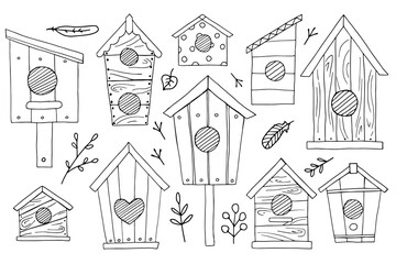 Set of wooden bird houses of different shapes and sizes. Outline drawing with a black line. Hand-drawn doodle, isolated on white background.