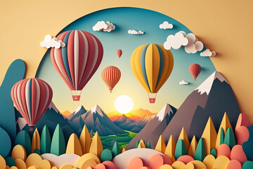 Hot air balloon over the mountains, paper craft art or origami style for baby nursery, children design.Generative ai.