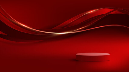 3D realistic red podium with red color wave lines with shiny golden curved line - obrazy, fototapety, plakaty