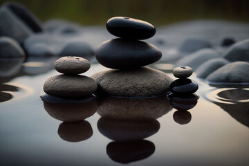 Fototapeta na wymiar black pebbles balanced on top of each other on the water 