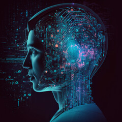 Futuristic robotic male human with AI. Concept of brainpower or master brain.