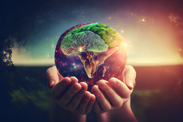 World mental health day concept: Human hands holding brain of earth over blurred nature background. Generative Ai