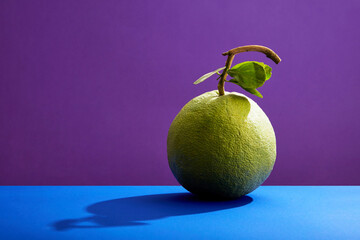 A pink pomelo (Citrus maxima) isolated on a colorful background with blue and purple. Blank space...
