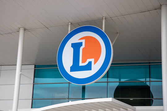 E.Leclerc logo text and sign brand front facade supermaket hypermarket on leclerc store