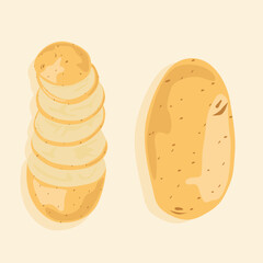 Whole potatoes and potatoes cut into slices. Vector icons of vegetables. Fresh wholesome foods.