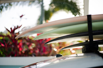 Surfboards on car roof rack ready to adventure in Puerto Rico