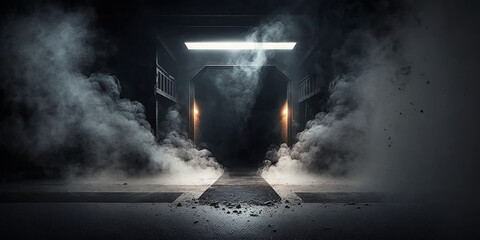 Dark street in  The concrete floor and studio room with smoke float up the interior texture for display products
