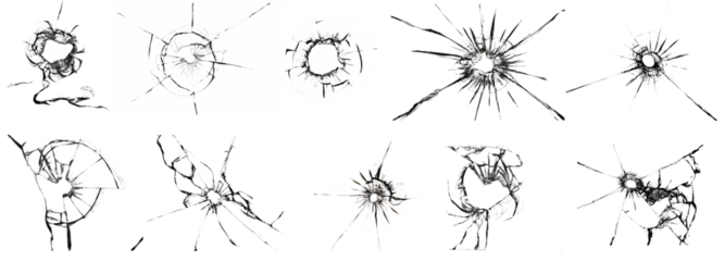Textures of broken glass. The effect of cracks on the window. Elements for use in design, a large set of photos in one picture.
