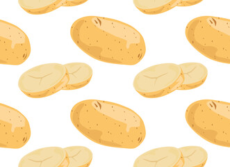 Whole potatoes and cut into slices. Seamless pattern in vector. Isolated objects. Suitable for printing, prints and backgrounds. Food image.