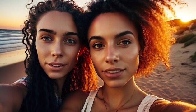 Selfie two women couple on a beach, Generative AI