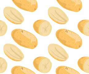 Whole potatoes and cut in half. Seamless pattern in vector. Isolated objects. Suitable for printing, prints and backgrounds. Food image.
