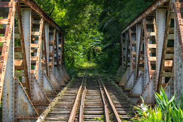 Beautiful view to old historic iron railroad tracks and bridge