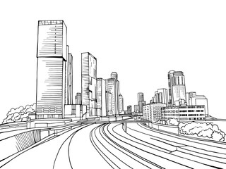 Urban landscape. Nice view on the modern Tel Aviv. Israel. Black and white sketch. Hand drawing vector illustration on white.