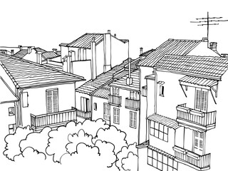 Nice Monaco's roofs. Europe. Hand drawn line sketch. Urban Background. Black and white vector illustration.