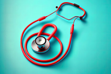 Red stethoscope on bright pastel blue background. Generative Ai