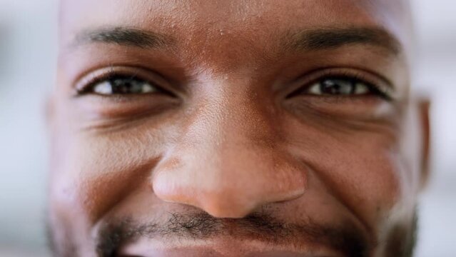 Eye focus, black man face and portrait of eyes exam and vision test for healthcare and wellness. Eyelash blink, contact lenses check and medical care of a African person with perception awareness
