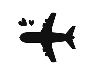 Plane icon with hearts, black and white flat design