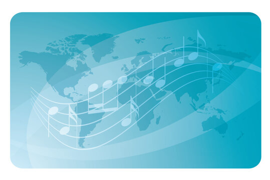 light blue vector card with abstract music notes and world map