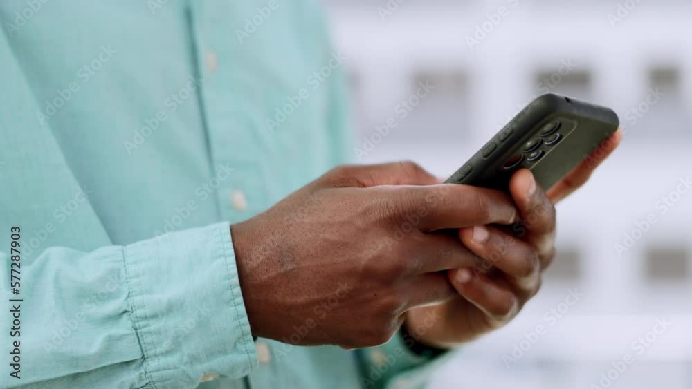 Poster black man, hands and typing on phone outdoor for communication with 5g network connection in city. p