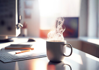 Fototapeta na wymiar Coffee mug with hot smoke in a home office