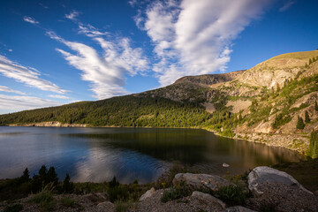 lake and mountains with blue sky and clouds