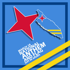 Map of the state of Aruba with its flag and frame with bold text on a blue background to commemorate National Anthem and Flag Day in Aruba on March 18