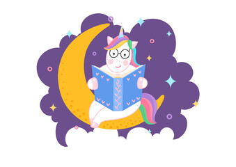 Bedtime story. Cute unicorn reading book on the moon at night. Sweet dreams. Children's illustration.