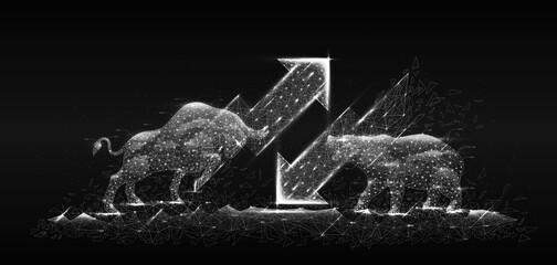 Fototapeta premium Bull and bear in digital future style. Concepts of financial markets and investments. Economic trends through the stock index market. Background graphics for banners.