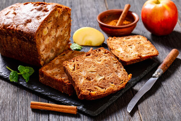 apple cinnamon bread on slate board, top view