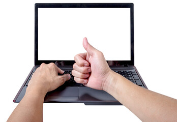 thumbs up with empty laptop screen isolated