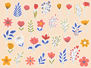 Fototapeta na wymiar Sticker pack of floral elements. Romantic flower collection with flowers, and leaves. Good for greeting cards or invitation design, floral poster.
