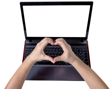 Woman hands making a heart shape on laptop isolated