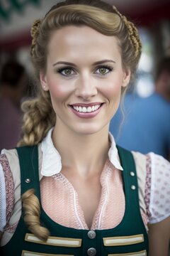 Junge hübsche Frau im Traditionellem Dirndl auf dem Oktoberfest in München Porträt Aufnahme, ai generativ