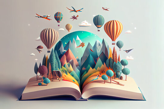 Open book, world inside. Imagination, fantasy, magic in literature concept. Generative Ai