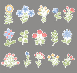 Decorative flowers. Big collection stickers  Vector illustration in flat style. Isolated botanical plants and branches for design, decor, decoration, cards.