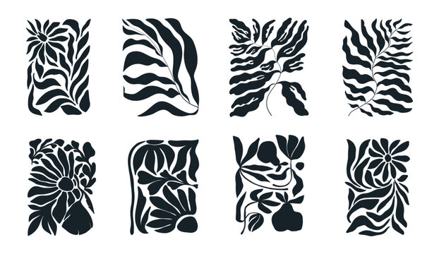 Abstract groovy floral posters. Modern trendy Matisse minimal style. Hand drawn design for wallpaper, wall decor, print, postcard, cover, template, banner.