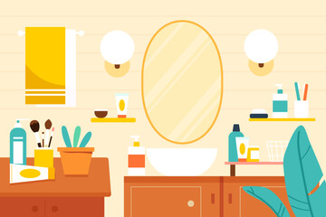 Girl doing daily hair care in bathroom, background with various skin care products and furniture, vector illustration