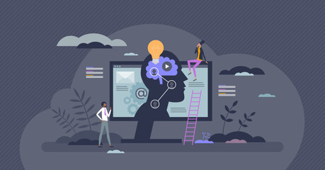 Ad tech or advertising technology with AI content creator tiny person concept. Automated commerce strategy using artificial intelligence tools for social media post publishing vector illustration.